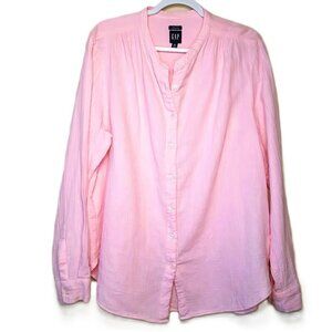 Gap Pink Crinkle Gauze Cotton Button Up Top XL Long Sleeves Banded Collar